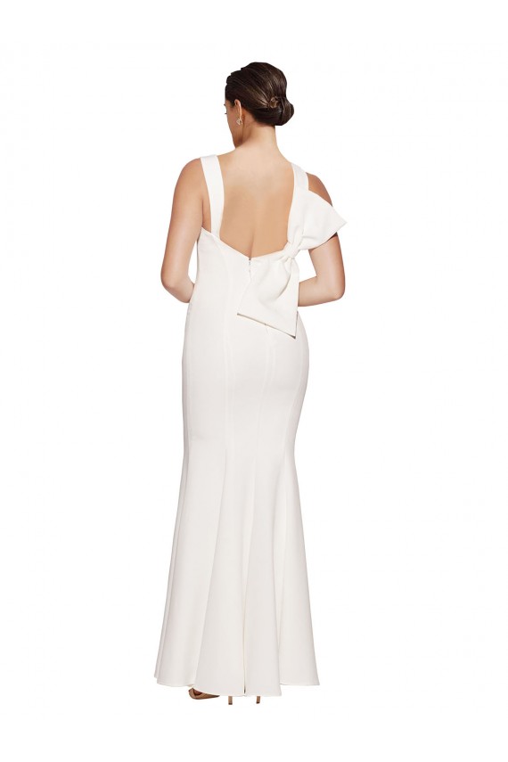Purchase Full Length Square Neck Crepe Prom Dress with Asymmetrical Straps and Bow Back UK