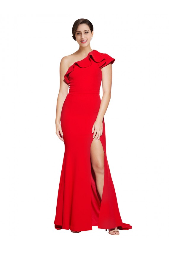 Purchase One Shoulder Long Sweep Train Crepe Prom Dress with Thigh High Split UK