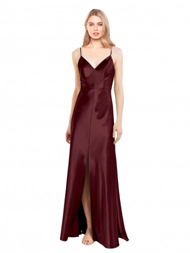 Purchase Sleek Spaghetti Straps V-Neck Stretch Satin Prom Dress with Center Front Slit UK