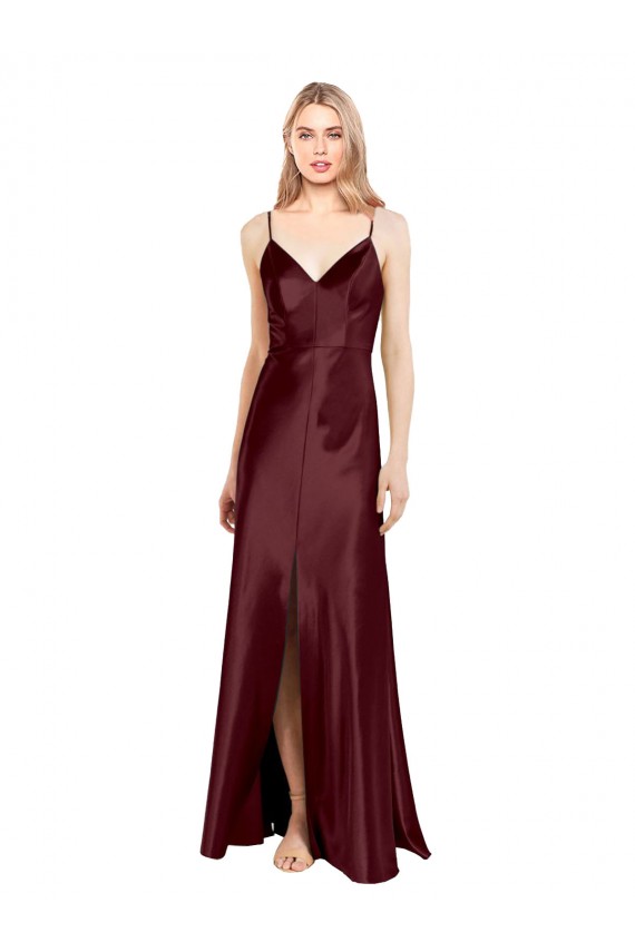 Purchase Sleek Spaghetti Straps V-Neck Stretch Satin Prom Dress with Center Front Slit UK