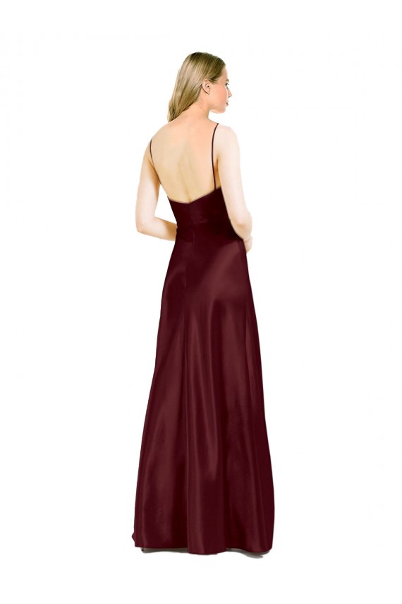 Purchase Sleek Spaghetti Straps V-Neck Stretch Satin Prom Dress with Center Front Slit UK