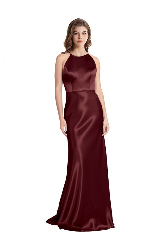 Purchase High Neck Halter Long Sleeveless Stretch Satin Prom Dress with Strappy Back UK