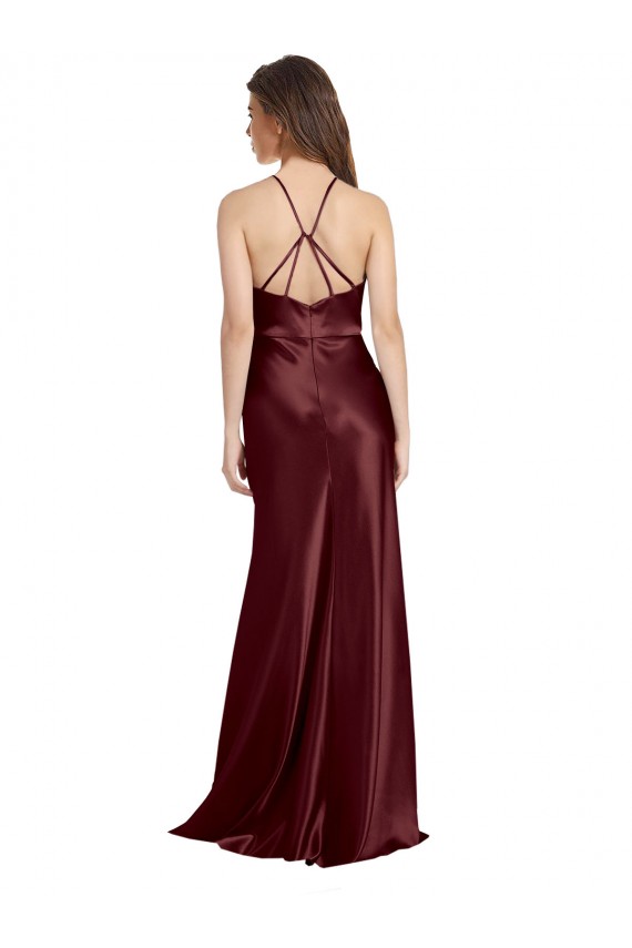 Purchase High Neck Halter Long Sleeveless Stretch Satin Prom Dress with Strappy Back UK