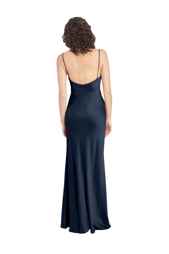 Purchase Cowl Neck Long Empire Waist Stretch Satin Prom Dress with Open Back UK