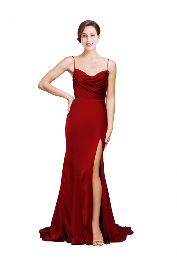 Purchase Cowl Front Neck Sweep Train Stretch Satin Prom Dress with High Side Split UK