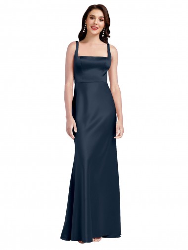 Purchase Square Neck A-Line Long Stretch Satin Prom Dress with Wide Straps UK