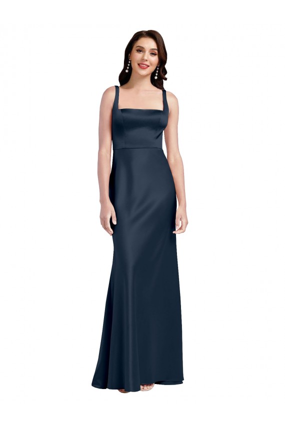 Purchase Square Neck A-Line Long Stretch Satin Prom Dress with Wide Straps UK