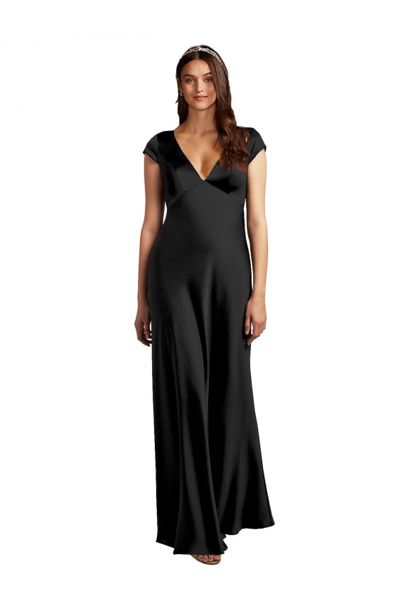 Purchase Plunging V-Neck Cap Cleeves Long Stretch Satin Prom Dress with Keyhole Back UK