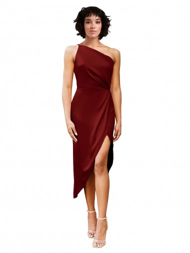 Purchase One Shoulder Midi Length Short Stretch Satin Wrap Style Cocktail Prom Dress / Homecoming Dress UK