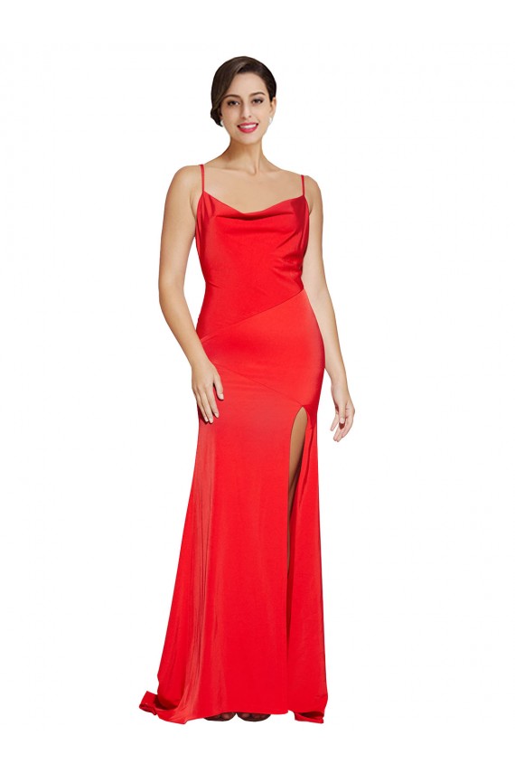 Purchase Low Back Cowl Neck Stretch Satin Prom Dress with High Side Slit UK