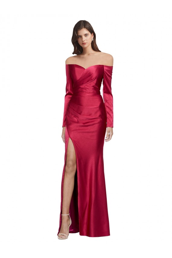 Purchase Long Sleeves Off the Shoulder Stretch Satin Prom Dress with High Side Split UK