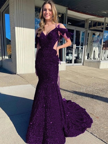 Purchase Cold Shoulder Sleeveless Long Court Train Velvet Sequin Prom Dress UK