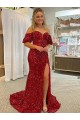 Purchase Off the Shoulder Short Sleeves Long Floor Length Velvet Sequin Prom Dress with High Slit UK