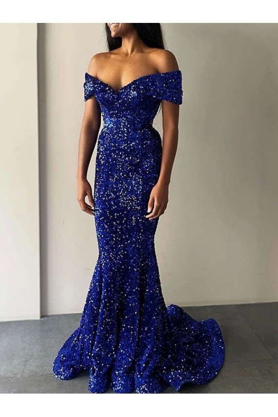 Purchase Mermaid Off the Shoulder Sleeveless Long Sweep Train Velvet Sequin Prom Dress UK