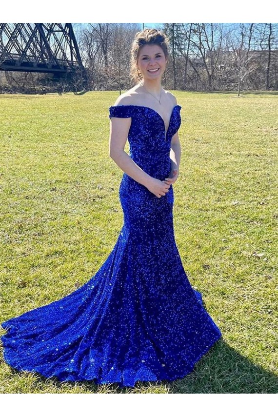 Purchase Off the Shoulder Sleeveless Long Sweep Train Velvet Sequin Prom Dress UK