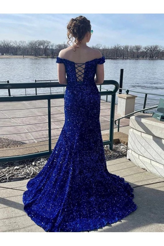 Purchase Off the Shoulder Sleeveless Long Sweep Train Velvet Sequin Prom Dress UK