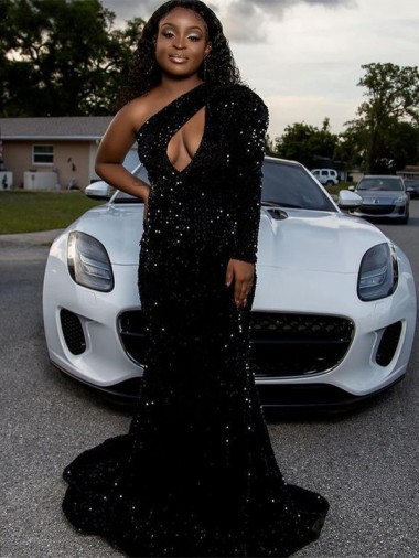Purchase One Shoulder Long Sleeves Long Sweep Train Velvet Sequin Prom Dress UK