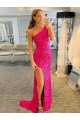 Purchase One Shoulder Sleeveless Long Velvet Sequin Prom Dress with High Slit UK
