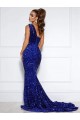 Purchase Mermaid One Shoulder Sleeveless Long Court Train Velvet Sequin Prom Dress with Slit UK