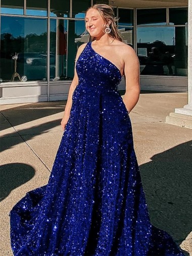 Purchase A-Line One Shoulder Sleeveless Long Sweep Train Velvet Sequin Prom Dress with Pockets UK
