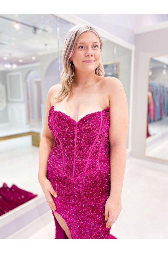 Purchase Long Sweetheart Sleeveless Sweep Train Velvet Sequin Prom Dress with Slit UK