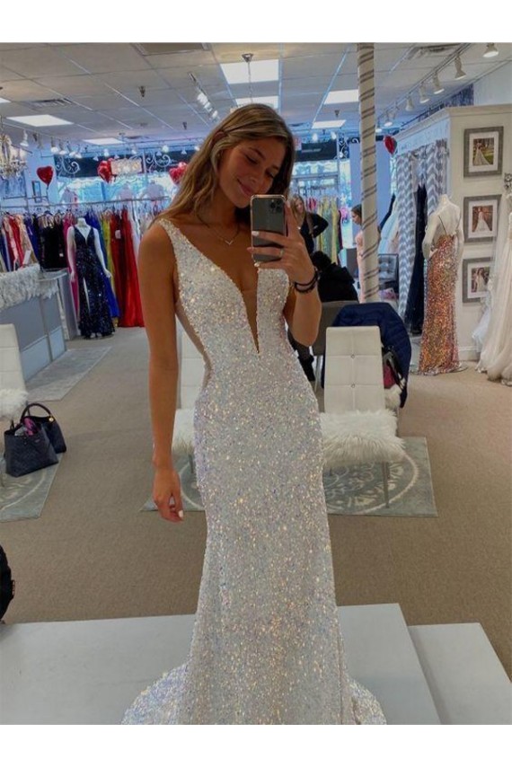 Purchase V-Neck Sleeveless Long Velvet Sequin Prom Dress with Sweep Train UK