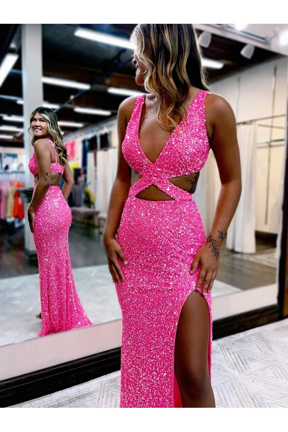 Purchase Long V-Neck Sleeveless Sweep Train Velvet Sequin Prom Dress with High Slit UK