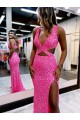 Purchase Long V-Neck Sleeveless Sweep Train Velvet Sequin Prom Dress with High Slit UK
