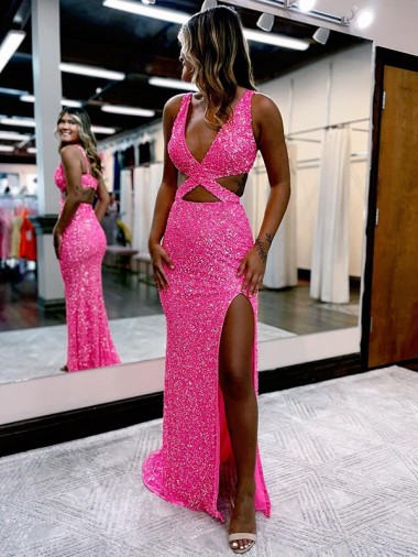 Purchase Long V-Neck Sleeveless Sweep Train Velvet Sequin Prom Dress with High Slit UK