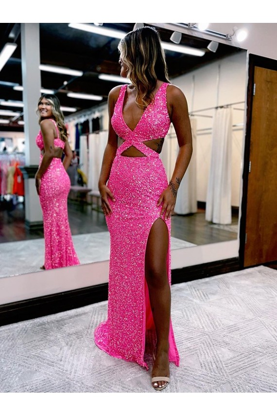 Purchase Long V-Neck Sleeveless Sweep Train Velvet Sequin Prom Dress with High Slit UK
