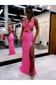 Purchase Long V-Neck Sleeveless Sweep Train Velvet Sequin Prom Dress with High Slit UK