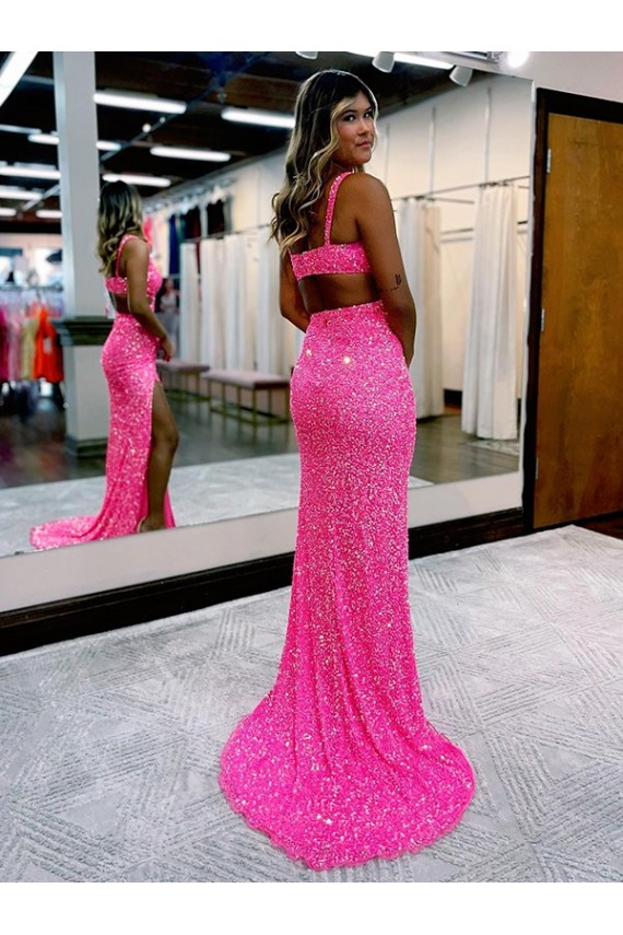 Purchase Long V-Neck Sleeveless Sweep Train Velvet Sequin Prom Dress with High Slit UK