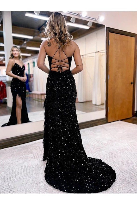 Purchase V-Neck Sleeveless Long Velvet Sequin Royal Blue Prom Dress with Side Slit UK