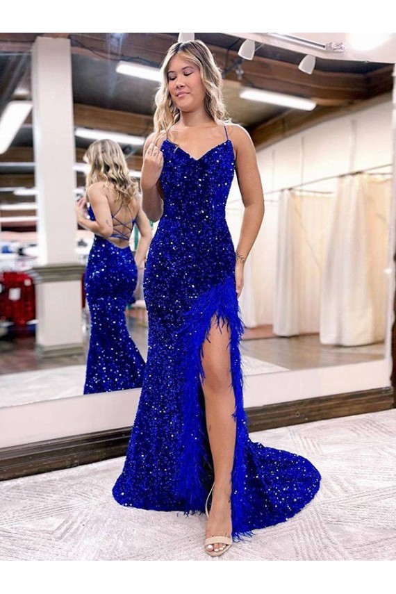 Purchase V-Neck Sleeveless Long Velvet Sequin Royal Blue Prom Dress with Side Slit UK