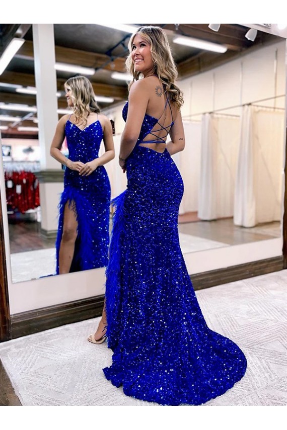 Purchase V-Neck Sleeveless Long Velvet Sequin Royal Blue Prom Dress with Side Slit UK