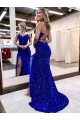 Purchase V-Neck Sleeveless Long Velvet Sequin Royal Blue Prom Dress with Side Slit UK