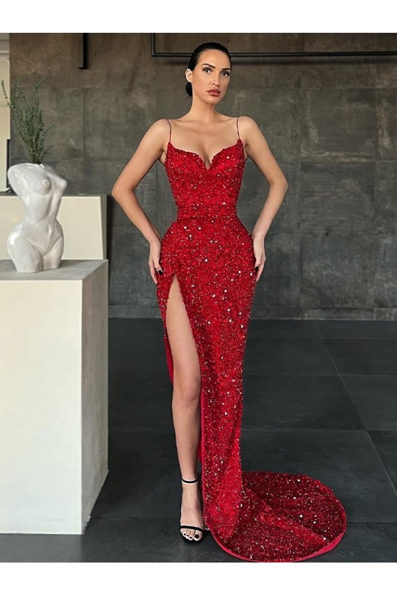 Purchase V-Neck Sleeveless Long Sweep Train Velvet Sequin Prom Dress with High Side Slit UK