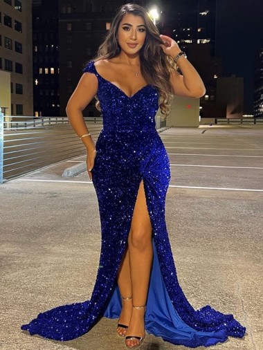 Purchase V-Neck Sleeveless Long Sweep Train Velvet Sequin Prom Dress with Slit UK