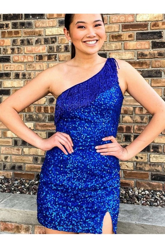 Purchase One Shoulder Sleeveless Short Velvet Sequin Royal Blue Prom Dress UK
