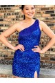 Purchase One Shoulder Sleeveless Short Velvet Sequin Royal Blue Prom Dress UK