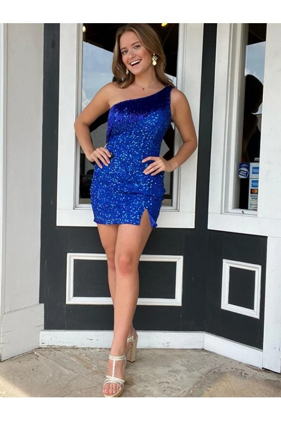 Purchase One Shoulder Sleeveless Short Velvet Sequin Royal Blue Prom Dress UK