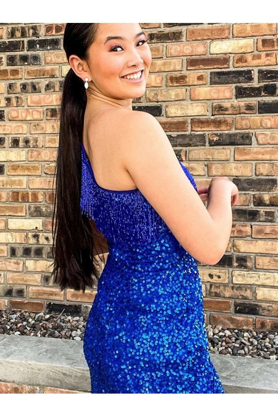 Purchase One Shoulder Sleeveless Short Velvet Sequin Royal Blue Prom Dress UK