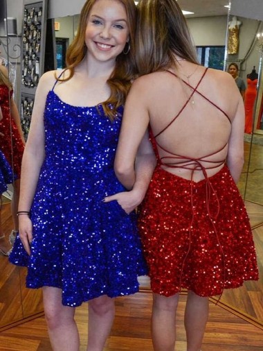Purchase A-Line Spaghetti Straps Sleeveless Short Velvet Sequin Prom Dress UK