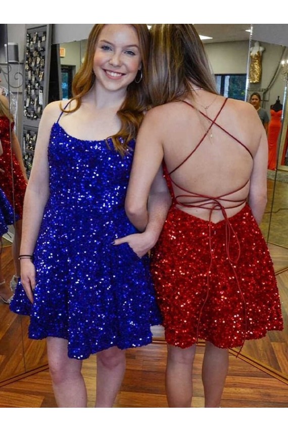 Purchase A-Line Spaghetti Straps Sleeveless Short Velvet Sequin Prom Dress UK