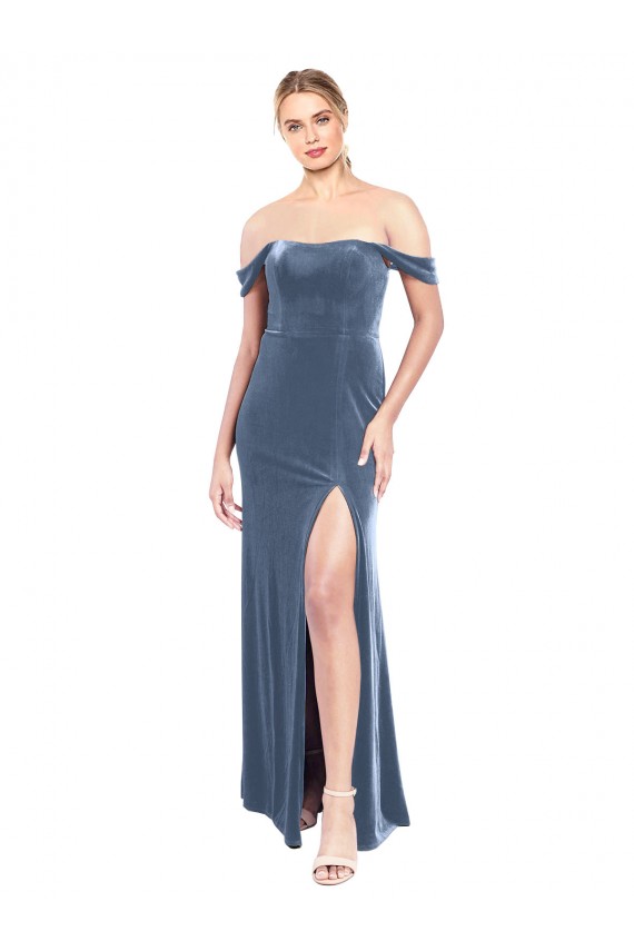 Purchase Draped Sleeves Wide Scoop Neck Off the Shoulder Velvet Prom Dress UK