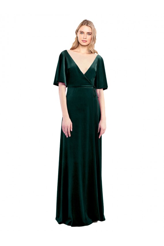 Purchase Deep V-Neck Flutter Sleeves Long Velvet Wrap Prom Dress UK