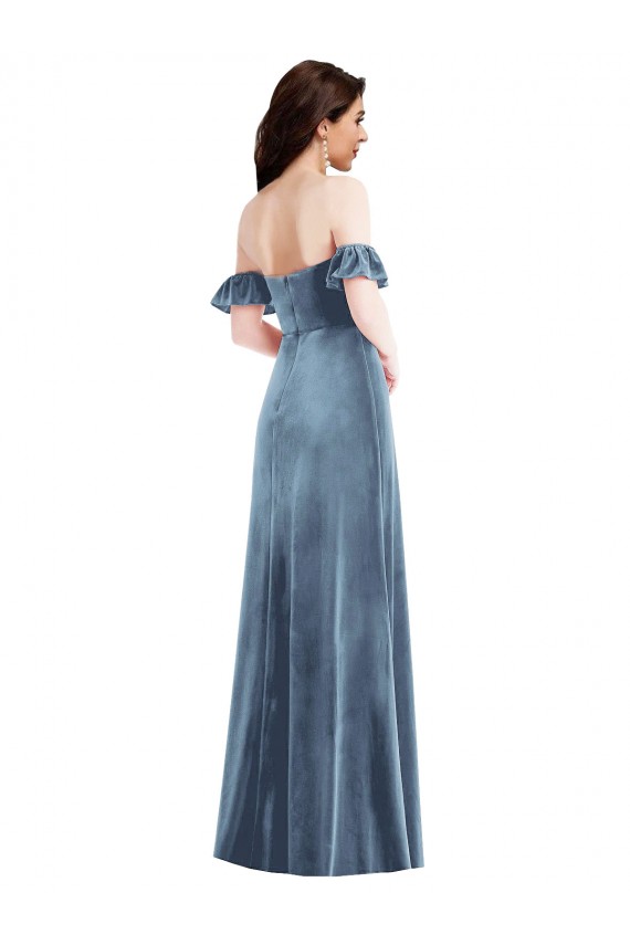 Purchase Ruffle Sleeve Off the Shoulder Velvet Maxi Prom Dress UK