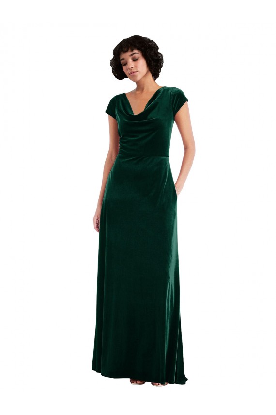 Purchase Cowl Neck Cap Sleeve Velvet Maxi Prom Dress with Pockets UK