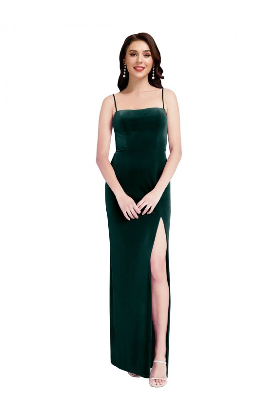 Purchase Straight Neckline Spaghetti Straps Long Velvet Prom Dress with High Side Slit UK
