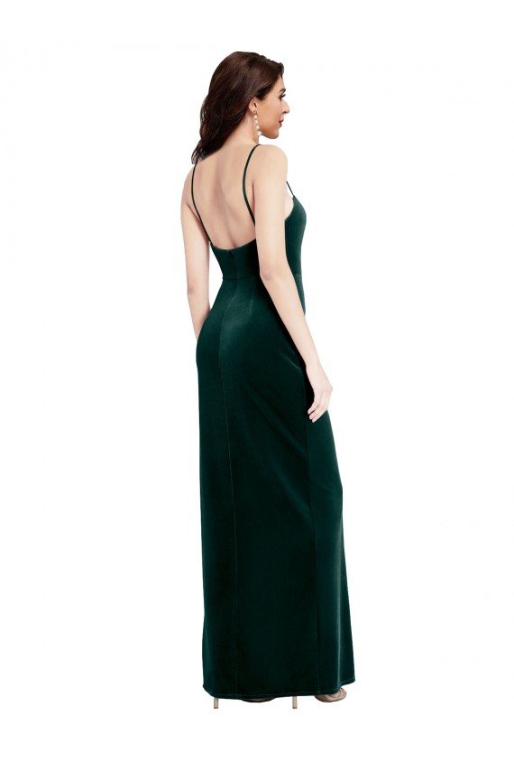 Purchase Straight Neckline Spaghetti Straps Long Velvet Prom Dress with High Side Slit UK